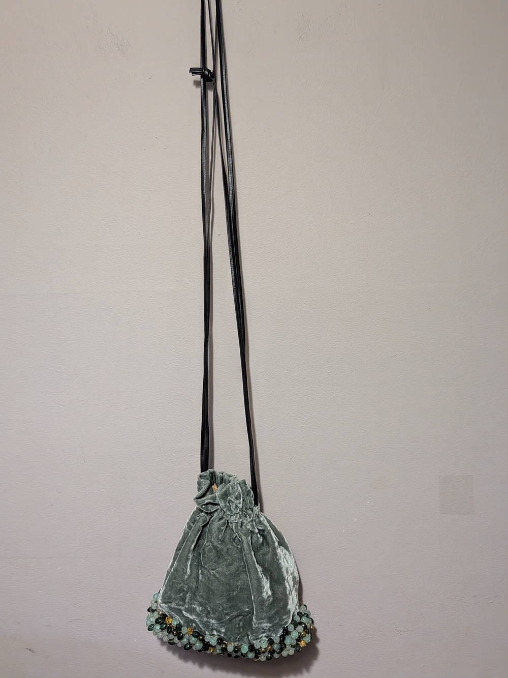 PONO Velvet Drawstring Crossbody Pouch Bag in Sage Green
